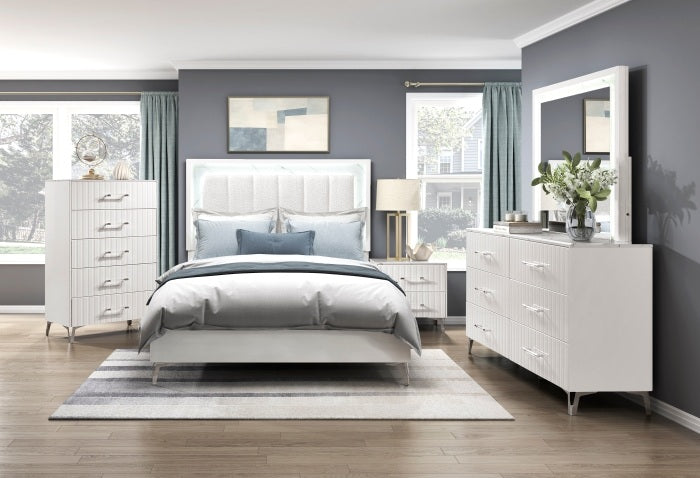 Homelegance 2457-4PC 4 pc Ripple white finish wood LED lighting faux marble accents queen bedroom set