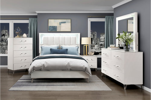 2457-4PC Ripple 4-Piece White Finish Queen Bedroom Set with LED Lighting & Faux Marble Accents