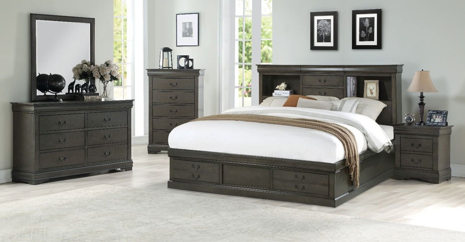 Acme 24930Q-4PC 4 pc louis phillipe iii dark grey finish wood storage headboard underbed drawers queen bedroom set