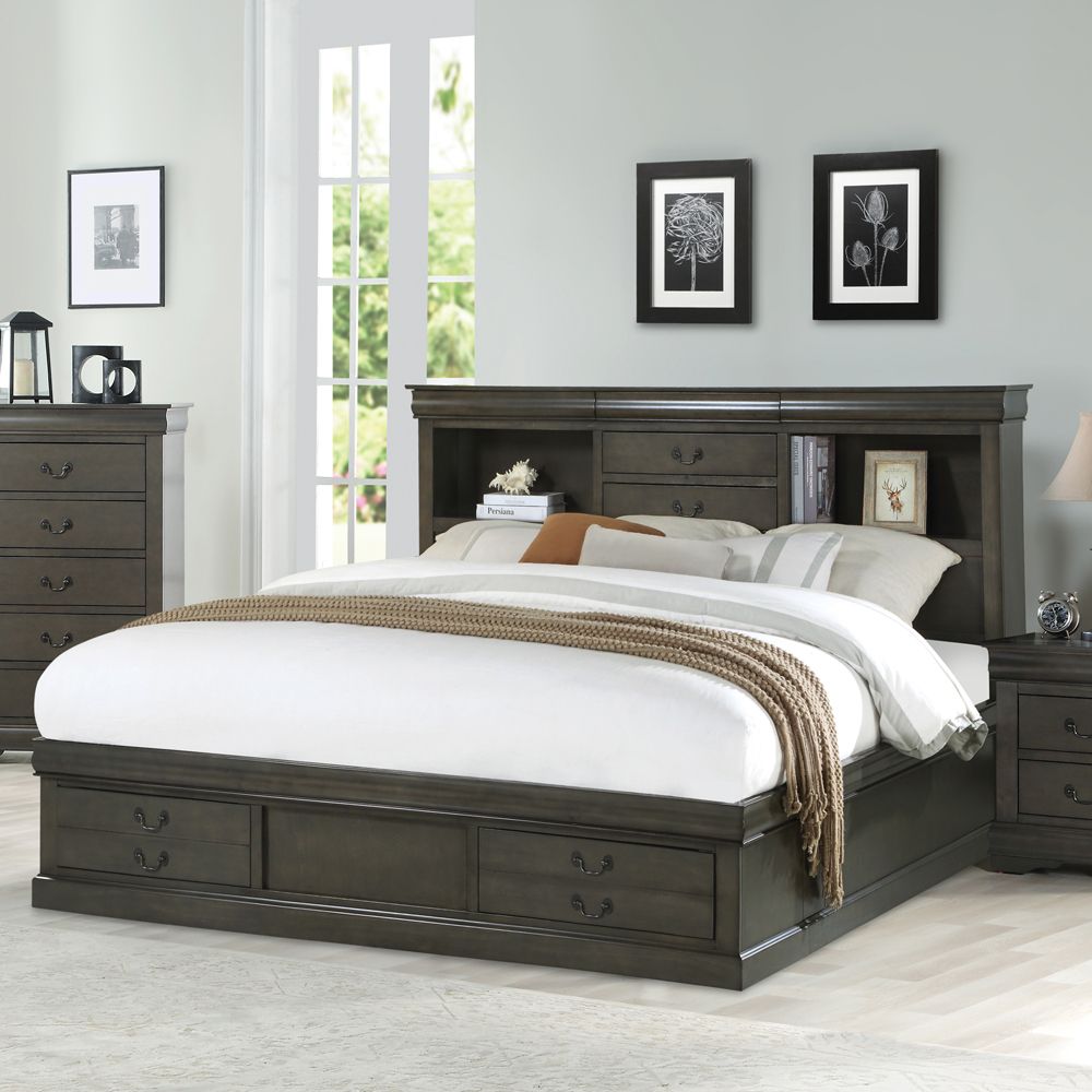 Acme 24930Q  Louis phillipe iii dark grey finish wood storage headboard underbed drawers queen bed