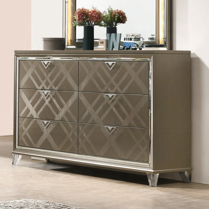 25325 Skylar metallic dark champagne finish wood mirrored trim acrylic legs 6 drawer bedroom dresser