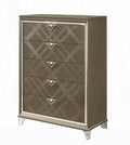 25326 Skylar metallic dark champagne finish wood mirrored trim acrylic legs 5 drawer tall chest
