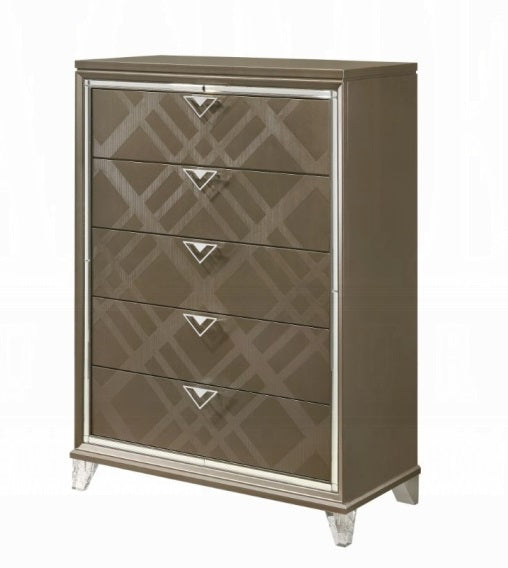25326 Skylar metallic dark champagne finish wood mirrored trim acrylic legs 5 drawer tall chest