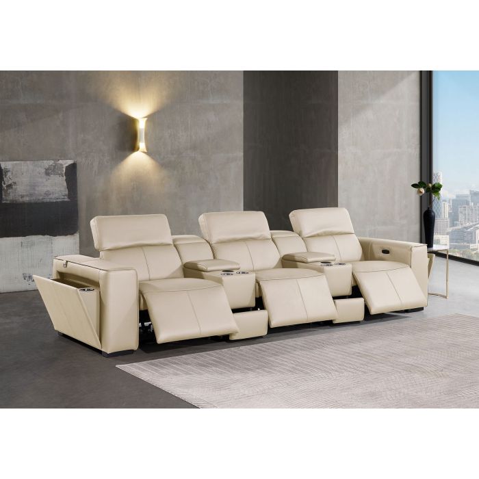 DivanItalia 5-Piece Power Reclining Sofa – Beige Italian Leather with Adjustable Headrests & Consoles | Global United