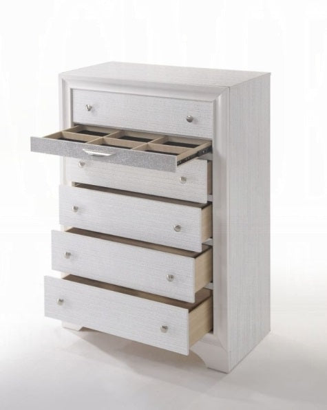Acme 25776 Naima white finish wood shimmering silver accent 6 drawer tall chest