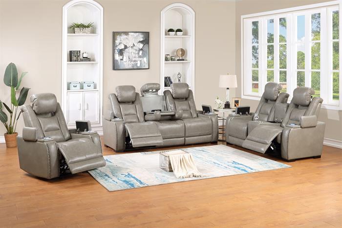Breckenridge-II-PW-SL 2 pc Breckenridge II light grey faux leather sofa and love seat with power motion recliner ends storage cup console fold down tray table