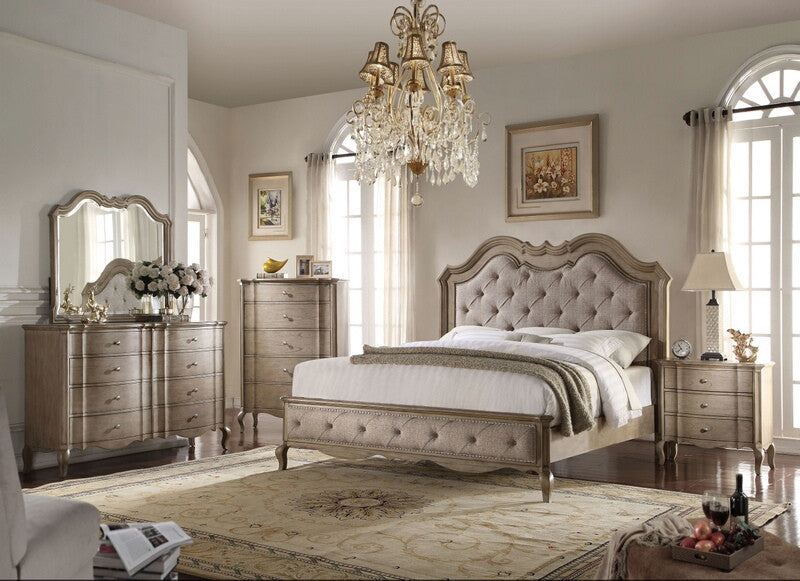 Acme 26050Q 4 pc chelmsford antique taupe finish wood beige fabric tufted queen bedroom set