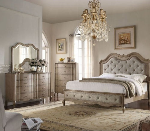 Acme 26050Q 4 pc chelmsford antique taupe finish wood beige fabric tufted queen bedroom set