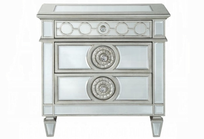 Acme BD00957Q-4PC 4 pc Faiz beige velvet fabric sunburst tufted channel design mirrored silver finish wood queen bedroom set