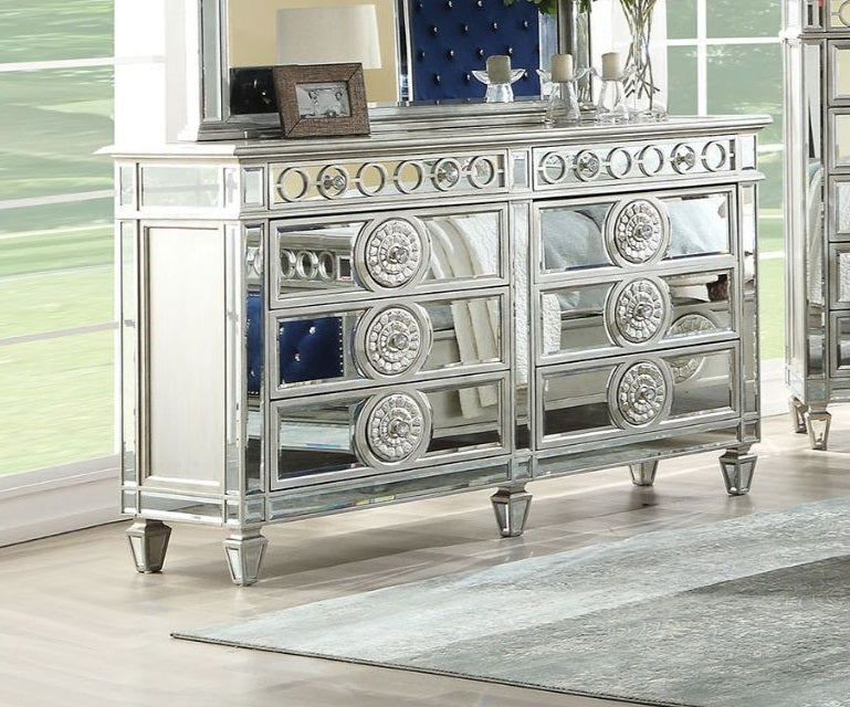 Acme 26155 Varian mirrored silver finish wood 8 drawer dresser with crystal knobs