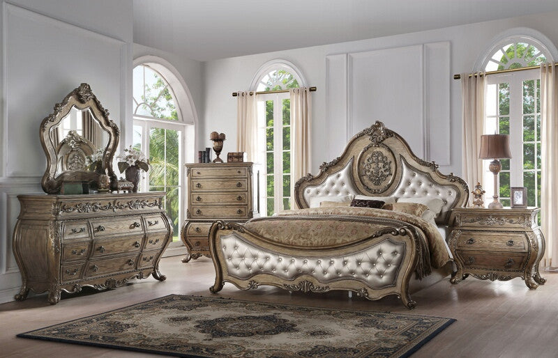 Acme 26310Q 4 pc Ragenardus vintage oak finish wood queen bedroom set decorative carvings tufted accents