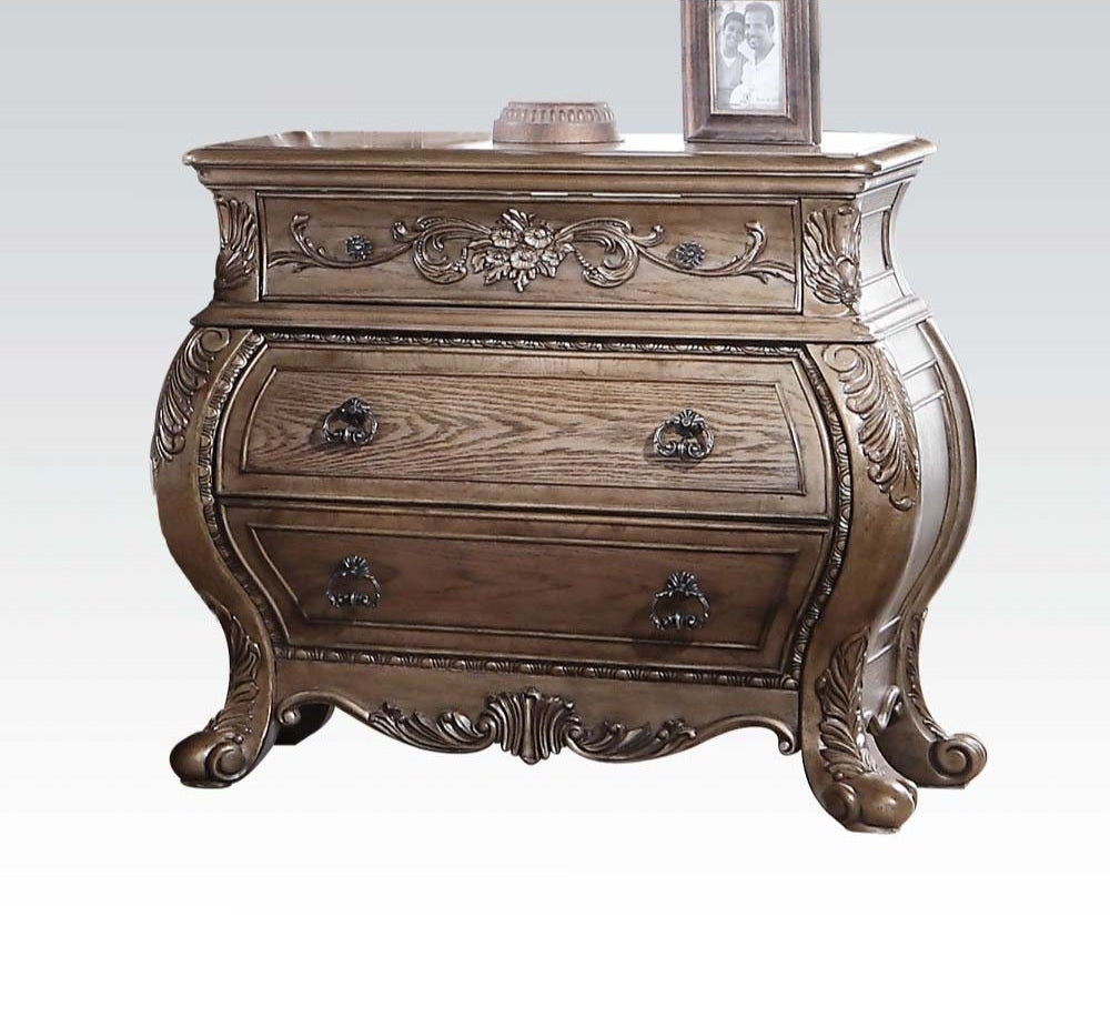 Acme 26310Q 4 pc Ragenardus vintage oak finish wood queen bedroom set decorative carvings tufted accents