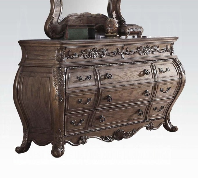 Acme 26315 Ragenardus vintage oak finish wood 11 drawer curved front bedroom dresser