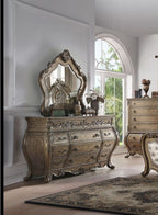 Acme 26310Q 4 pc Ragenardus vintage oak finish wood queen bedroom set decorative carvings tufted accents