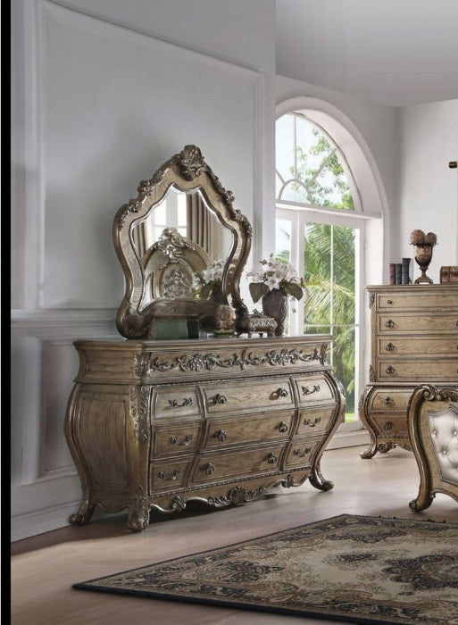 Acme 26310Q 4 pc Ragenardus vintage oak finish wood queen bedroom set decorative carvings tufted accents