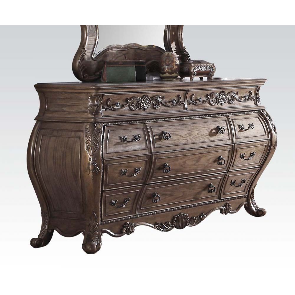 Acme 26310Q 4 pc Ragenardus vintage oak finish wood queen bedroom set decorative carvings tufted accents