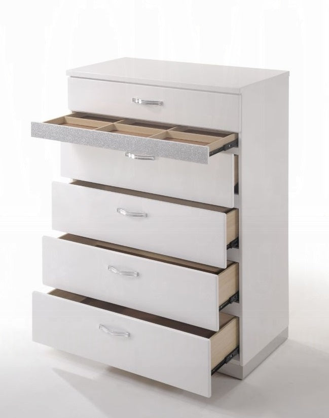 Acme 26776 Naima II white high gloss finish wood sparkling acrylic panel 6 drawer tall chest
