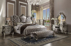 Acme 26820Q 4 pc Versailles antique platinum finish wood queen bedroom set decorative carvings velvet tufted accents