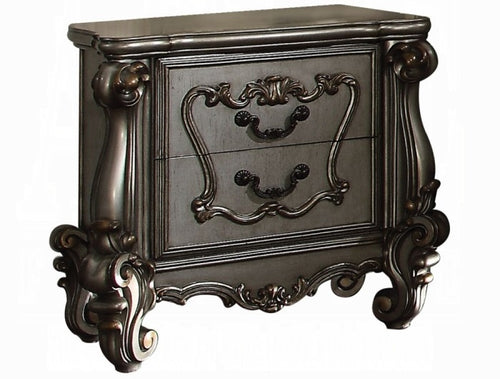 Acme 26820Q 4 pc Versailles antique platinum finish wood queen bedroom set decorative carvings velvet tufted accents