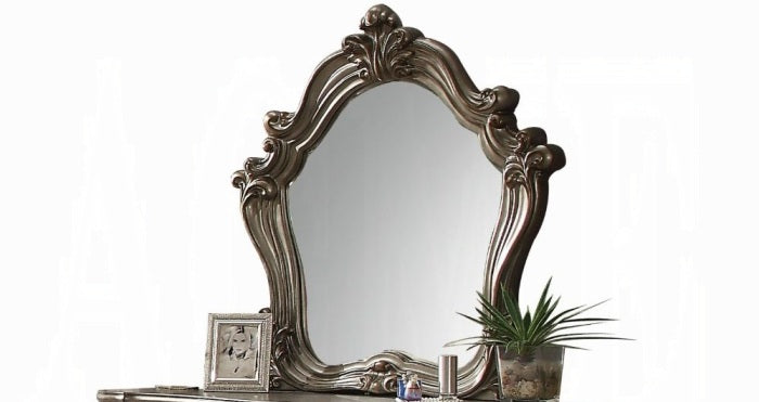 Acme 26860Q 4 pc Versailles antique platinum finish wood queen bedroom set decorative carvings tufted accents