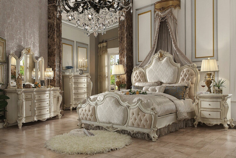Acme 26880Q 4 pc Picardy antique pearl finish wood queen bedroom set decorative carvings tufted accents