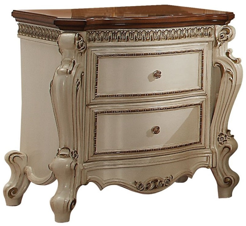 Acme 26900Q  Picardy II antique pearl finish wood queen bed decorative carvings tufted accents