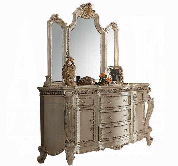 Acme 26880Q 4 pc Picardy antique pearl finish wood queen bedroom set decorative carvings tufted accents