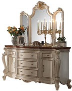 Acme 26900Q  Picardy II antique pearl finish wood queen bed decorative carvings tufted accents