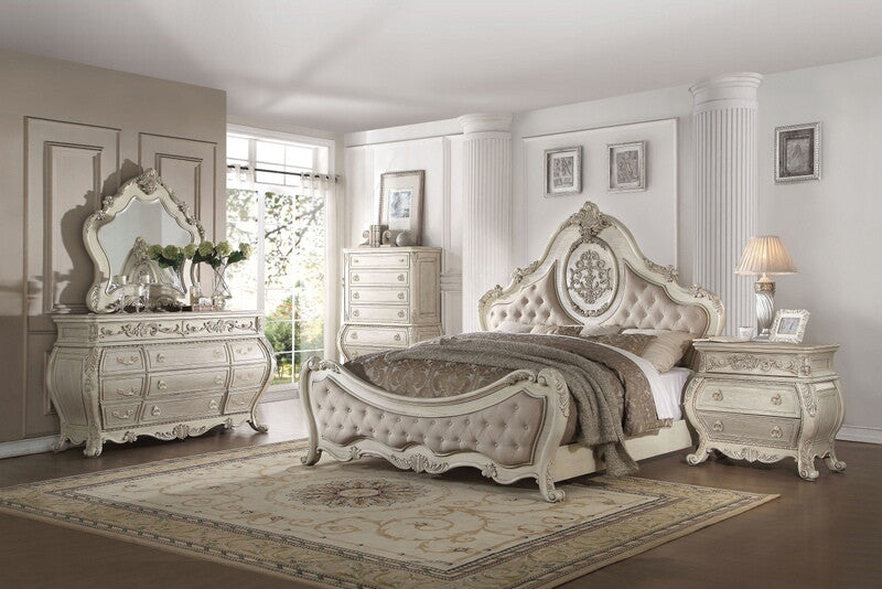 Acme 27010Q 4 pc Ragenardus II vintage white finish wood queen bedroom set decorative carvings tufted accents