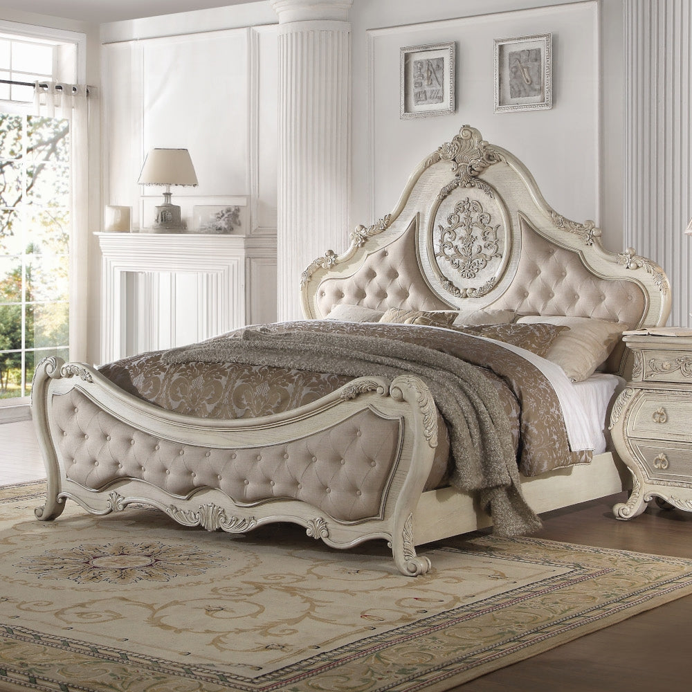 Acme 27010Q 4 pc Ragenardus II vintage white finish wood queen bedroom set decorative carvings tufted accents