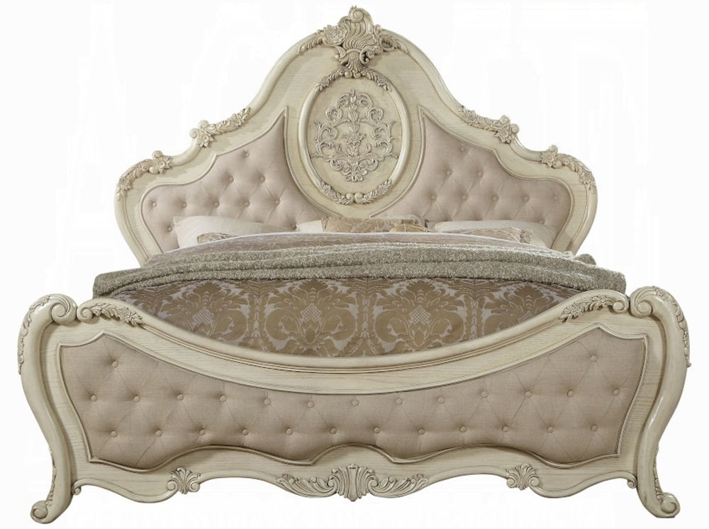 Acme 27010Q 4 pc Ragenardus II vintage white finish wood queen bedroom set decorative carvings tufted accents