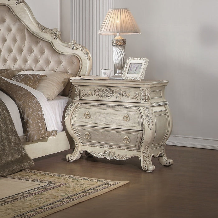 Acme 27010Q 4 pc Ragenardus II vintage white finish wood queen bedroom set decorative carvings tufted accents