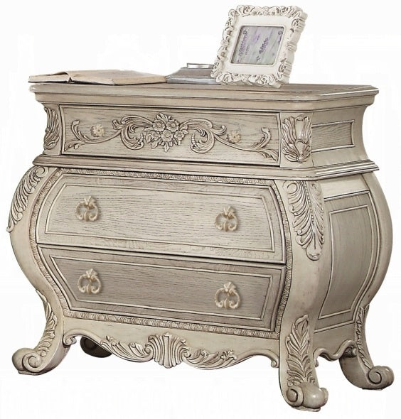 Acme 27010Q 4 pc Ragenardus II vintage white finish wood queen bedroom set decorative carvings tufted accents