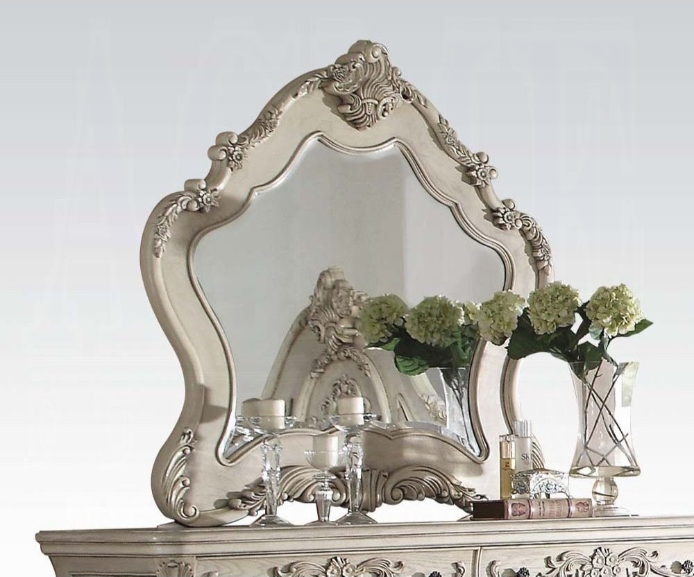 Acme 27010Q 4 pc Ragenardus II vintage white finish wood queen bedroom set decorative carvings tufted accents