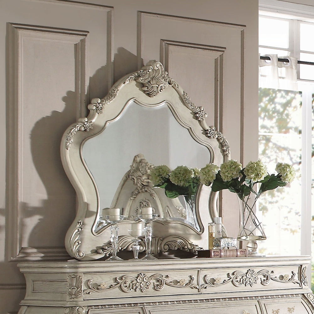 Acme 27010Q 4 pc Ragenardus II vintage white finish wood queen bedroom set decorative carvings tufted accents