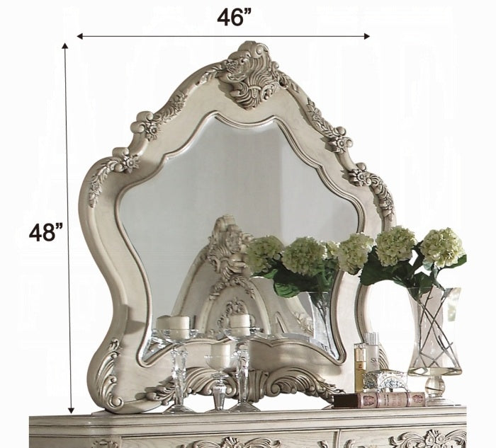 Acme 27010Q 4 pc Ragenardus II vintage white finish wood queen bedroom set decorative carvings tufted accents