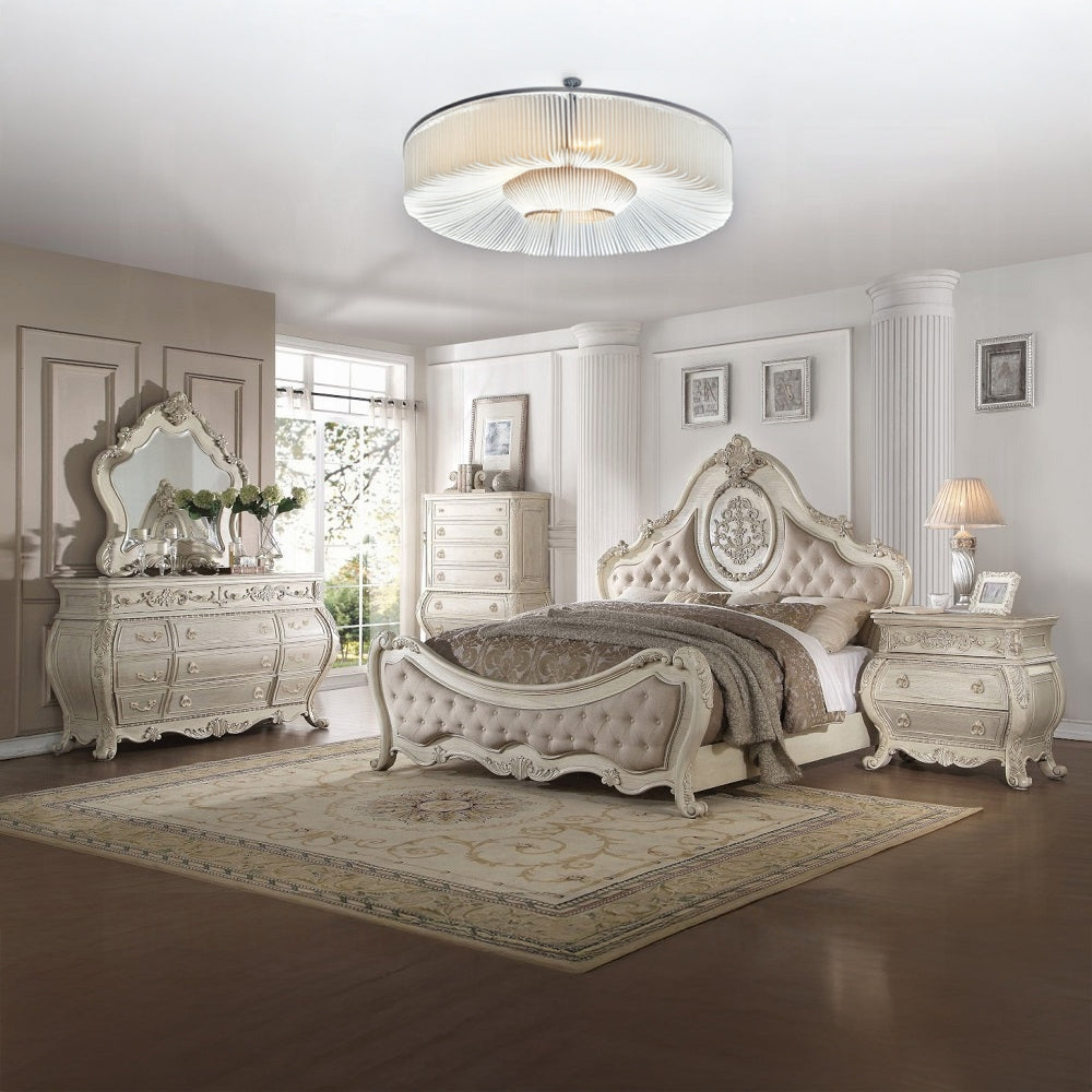Acme 27010Q 4 pc Ragenardus II vintage white finish wood queen bedroom set decorative carvings tufted accents