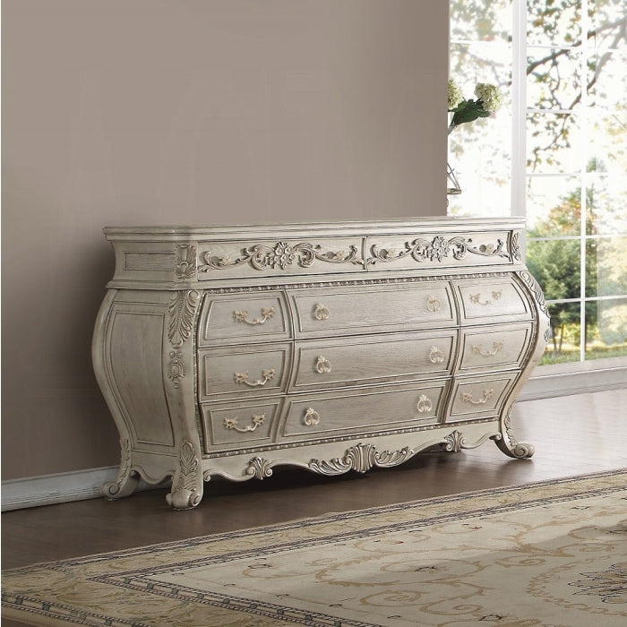 Acme 27010Q 4 pc Ragenardus II vintage white finish wood queen bedroom set decorative carvings tufted accents