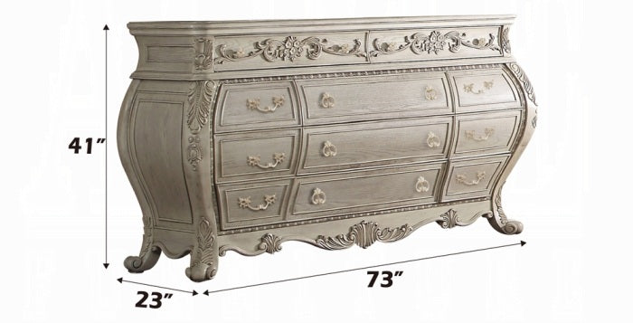 Acme 27010Q 4 pc Ragenardus II vintage white finish wood queen bedroom set decorative carvings tufted accents