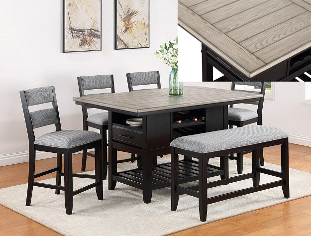 2716T-6PC 6 pc Frey two tone black and grey finish wood counter height dining table set storage pedestal base