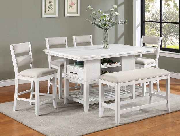 2717T-6PC 6 pc Wendy weathered white finish wood counter height dining table set storage pedestal base