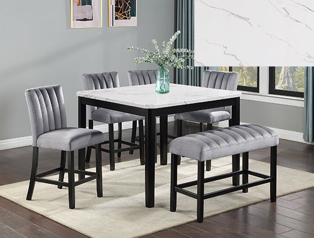 2724T-6PC 6 pc Pascal black finish wood counter height dining table set faux marble top with bench