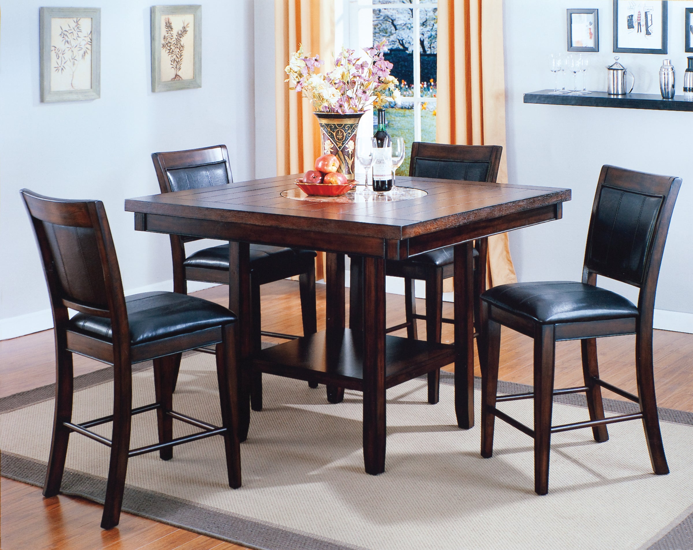 2727T-4848-V 6 pc Fulton brown wood finish counter height dining table set with lazy susan