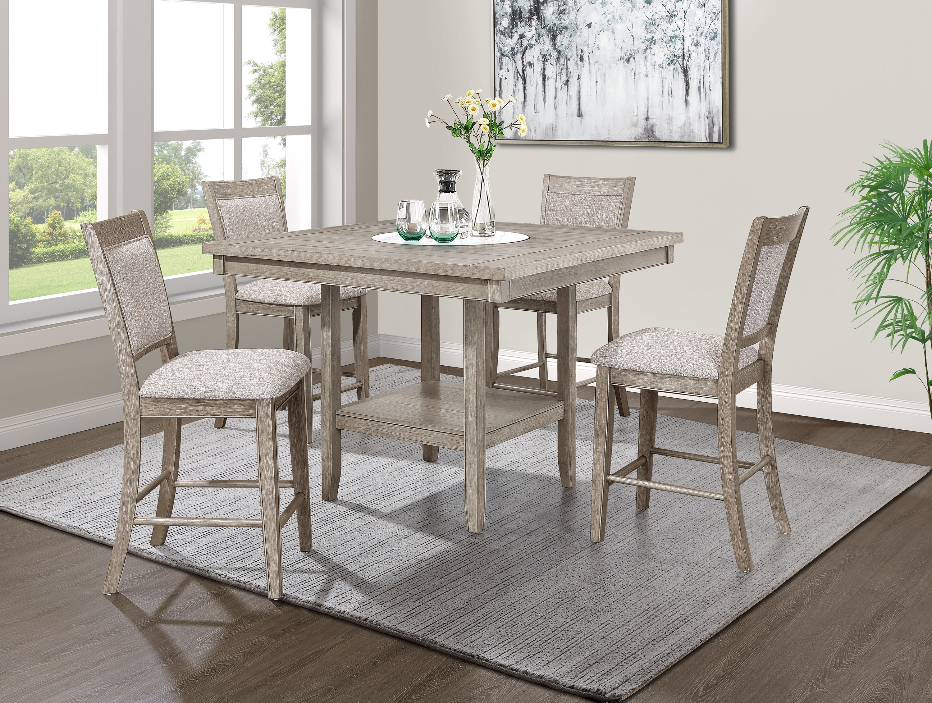 2727MB 6 pc Fulton white oak finish wood counter height dining table set fabric seats round marble lazy susan built in