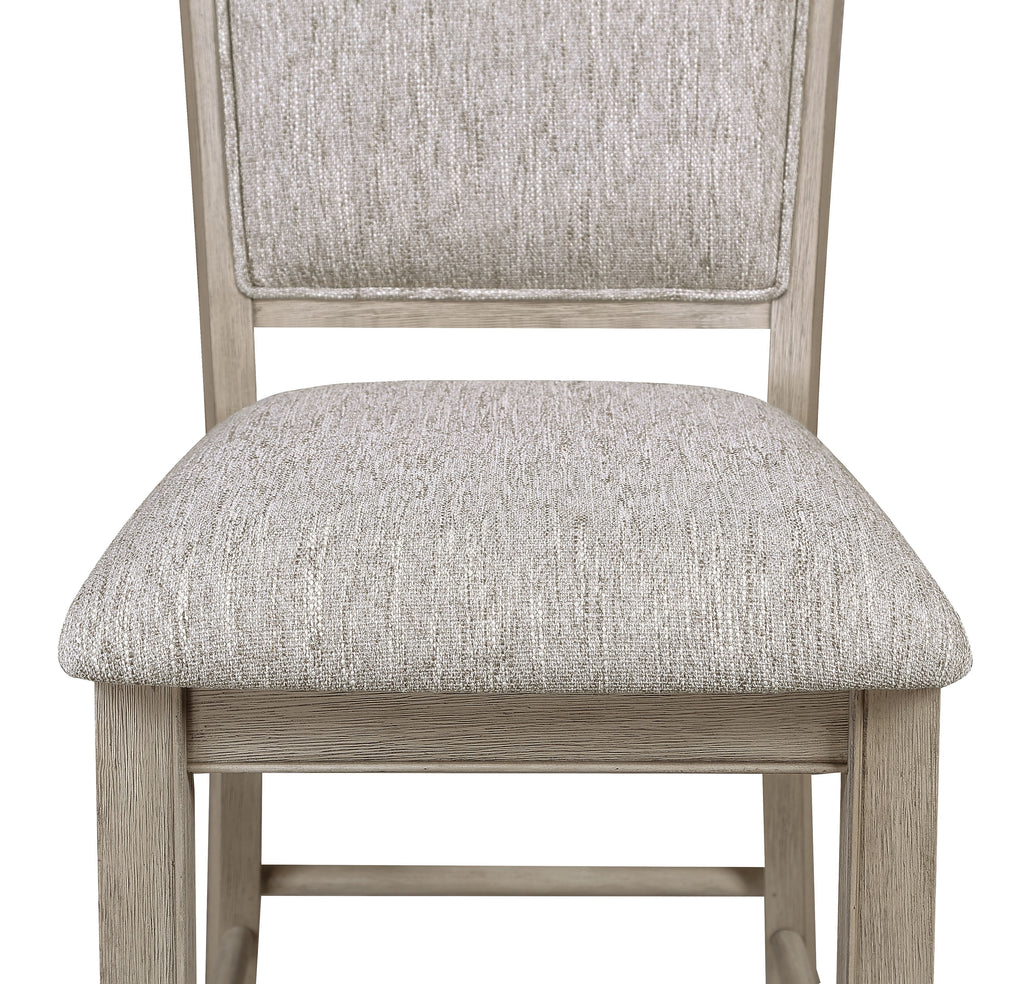 2727MB 6 pc Fulton white oak finish wood counter height dining table set fabric seats round marble lazy susan built in