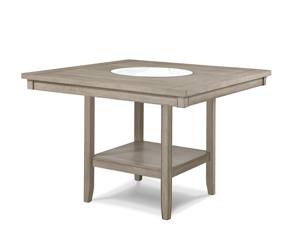 2727MB 6 pc Fulton white oak finish wood counter height dining table set fabric seats round marble lazy susan built in