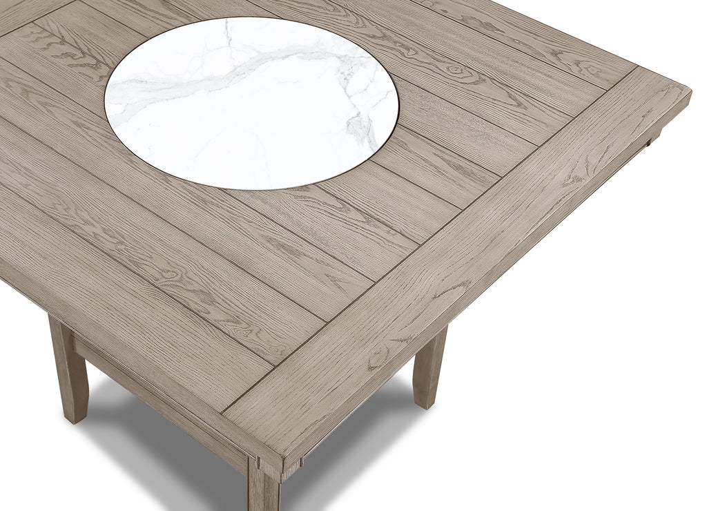 2727MB 6 pc Fulton white oak finish wood counter height dining table set fabric seats round marble lazy susan built in
