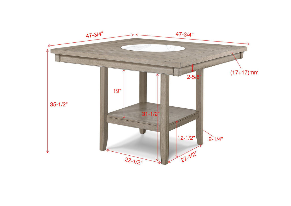 2727MB 6 pc Fulton white oak finish wood counter height dining table set fabric seats round marble lazy susan built in