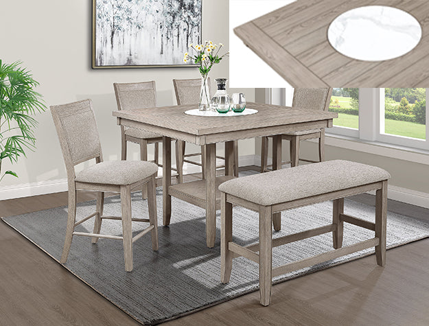 2727MB 6 pc Fulton white oak finish wood counter height dining table set fabric seats round marble lazy susan built in