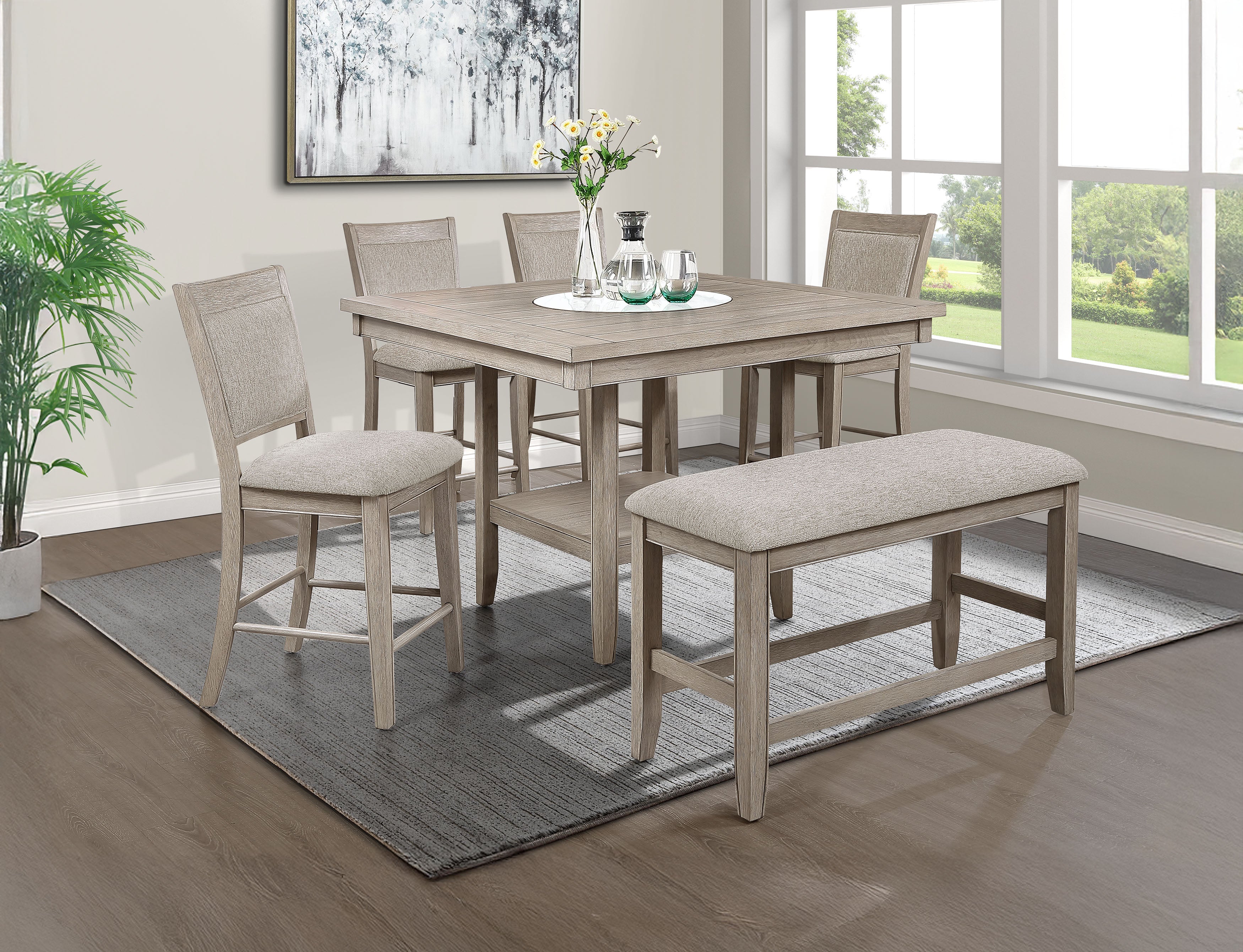 2727MB 6 pc Fulton white oak finish wood counter height dining table set fabric seats round marble lazy susan built in